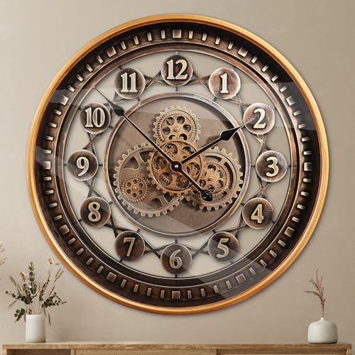 October Elf 24 Inch Wall Clock with Moving Gears Large Industrial Steampunk Metal Clock Antique Gold Oversized Farmhouse Decor Wall Clock for Living Room Home Office(Bronze Brown-Arabic Numerals)