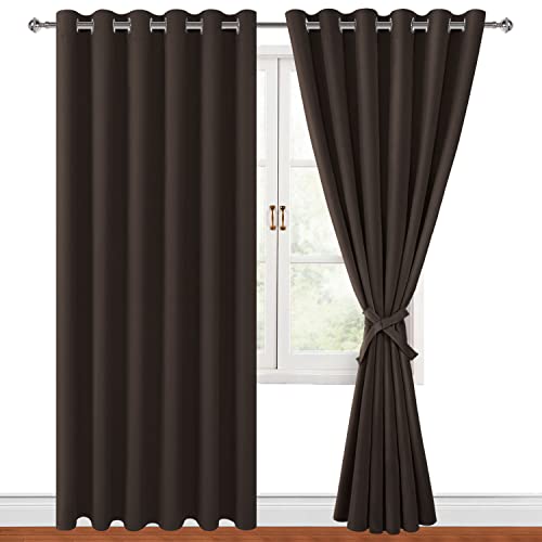 Hiasan Grommet Blackout Curtains for Bedroom, 70 x 84 Inches - Thermal Insulated & Light Blocking Window Drapes for Living Room/Dorm Room, Set of 2 Panels Sewn with Tiebacks, Brown