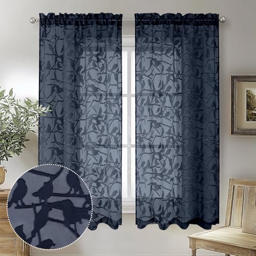 OVZME Navy Blue Sheer Curtains 54 Inch Length 2 Panels, Soft Airy Light Filtering Breathable Leaf Bird Clip Jacquard Textured Short Drapes for Bathroom Bedroom Windows, Dual Rod Pocket, 2x38Wx54L