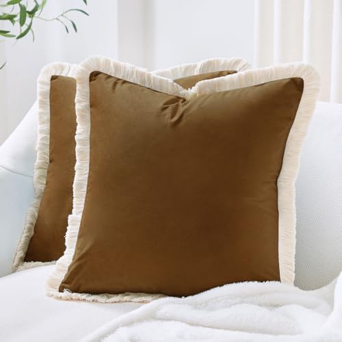 MONDAY MOOSE Decorative Throw Pillow Covers Cushion Cases, Set of 2 Soft Velvet Modern Fringe Tassel Designs, Mix and Match for Home Decor, Pillow Inserts Not Included (18x18 inch, Caramel)