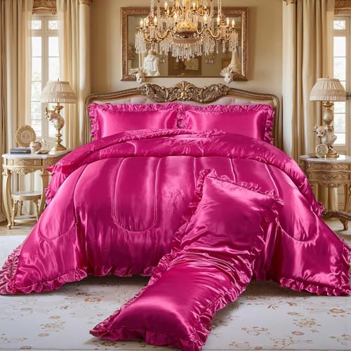Bedding_Dreamer Satin King Comforter Silk Like Beddings Hotel Soft Polyester Hot Pink Bed Set Luxury Silky Body Pillow Cover Ruffle Home Decor