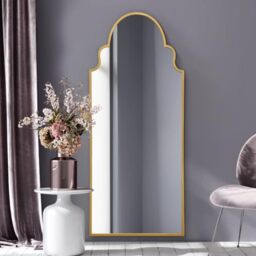 "MirrorOutlet The Arcus - Gold Framed Modern Full Length Arched Leaner Wall Mirror 79"" X 33"" (200CM X 85CM) Silver Mirror Glass with Black All weather Backing."