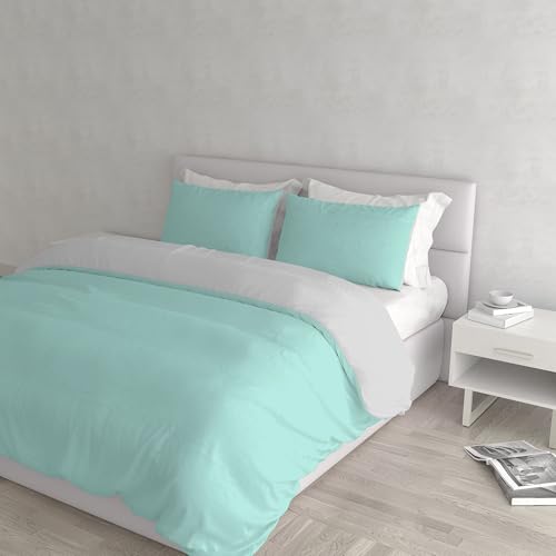 Italian Bed Linen Natural Color Duvet Cover Set with Doubleface Solid Colour Bag Sheet and Pillowcase, 100% Cotton, Water Green/Light Gray, double