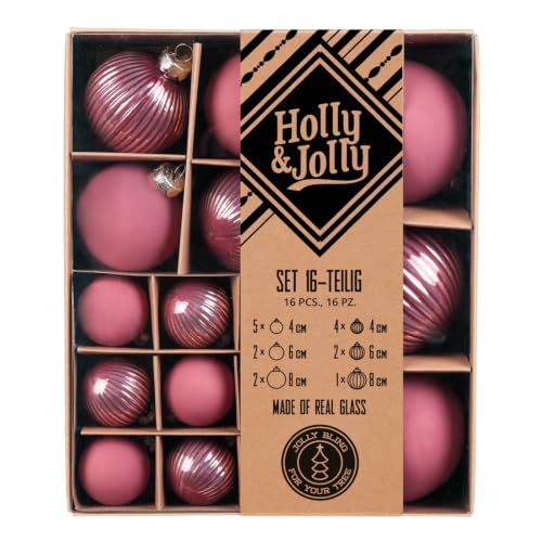 Holly & Jolly - Christmas Baubles with Structure Dusty Rose, Pack of 16 - Glass Christmas tree baubles, approx. 4, 6 and 8 cm, Christmas tree decorations in plum, matt and textured