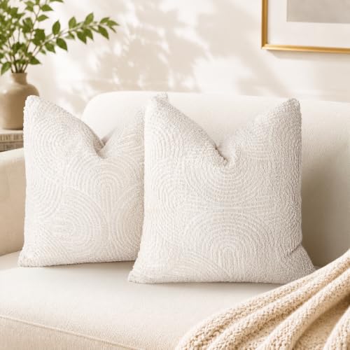 AELS Boho Decorative Textured Throw Pillow Covers 18x18, Modern Mid Century Rainbow Tufted Pillow Case, Farmhouse Rustic Geometric Woven Cushion Case for Bed Couch Sofa, Creamy White