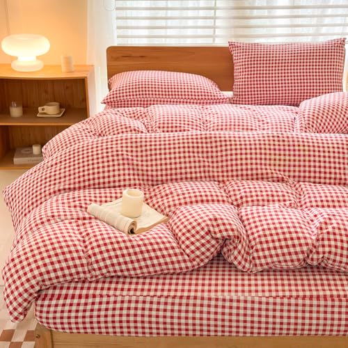 NSNLGSGC Red Gingham Duvet Cover Set Twin, Grid Simple Geometric Square Pattern Comforter Cover,Soft Plaid Washed Microfiber Bedding Cover(2PCS,Twin)