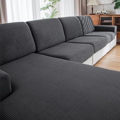 QIANMEW Couch Cushion Covers, Comfort Soft Magic Sofa Covers Washable Stretch Resistant Slipcovers for Sectional and L Shaped Seats Furniture Protectors for Pets (3 Seaters+1 Chaise, Dark Gray)