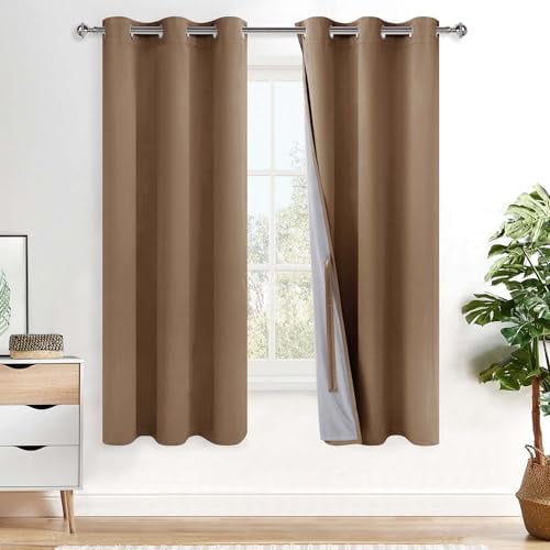 XWZO 100% Blackout Curtains 72 Inches Long with Tiebacks- Heat and Full Light Blocking, Thermal Insulated Window Panels with Grommets for Bedroom/Nursery, Cappuccino, W42 x L72, Set of 2 Draperies