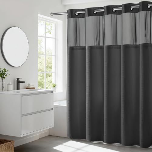 River Dream No Hooks Required Waffle Weave Shower Curtain with Snap in Liner - 71W x 74H,Hotel Grade,Spa Like Bath Curtain,Graphite Grey