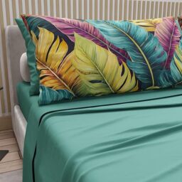 PETTI Artigiani Italiani - Cotton Sheets with Pillowcases in Digital Print, Double Maxi, Complete Top and Bottom Sheet with Corners, Floral 04 199 Teal, 100% Made in Italy