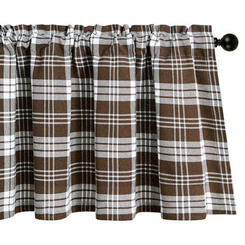 VOGOL Buffalo Check Valance for Windows, Brown Kitchen Garden Farmhouse Valance, 52 x 18 Rod Pocket Curtain Panels for Small Windows, 1 Panel