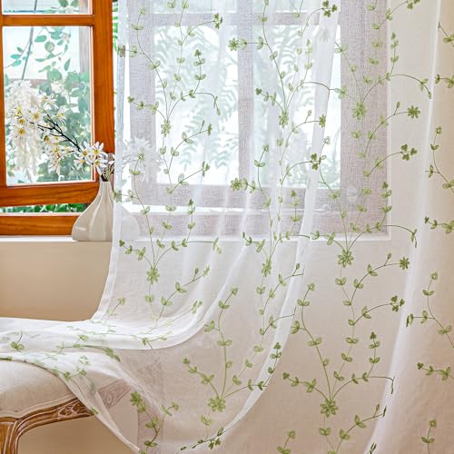 AmHoo 2 Panels Leaf Flora Embroidered Farmhouse Semi Sheer Curtain Voile Curtains for Living Room Bedroom Window Treatment White Light Green 53 x 96 Inch
