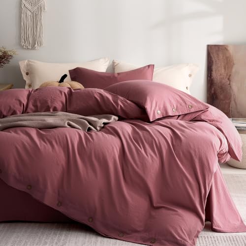 "JELLYMONI 100% Washed Cotton Duvet Cover Full ??? Soft, Breathable Linen-Look Bedding with Natural Wrinkle Texture, Button Closure, 3-Piece Set (Maroon, 80""x90"")"