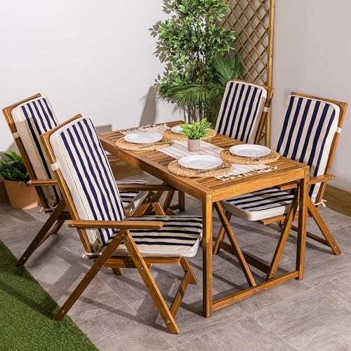 Bean Bag Bazaar Outdoor High Back Seat Pad, Navy Deck Stripe, Set of 4, Garden Chair Seat Cushion with Fibre Fill Included, Water-Resistant, Cushions with ties for Chair, Garden, Patio Furniture