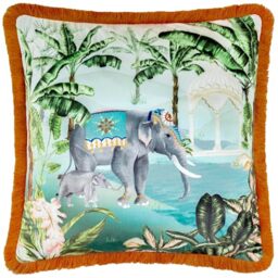 Paoletti Odisha Scene Printed Velvet Feather Filled Cushion - Multicolour - 50x50cm