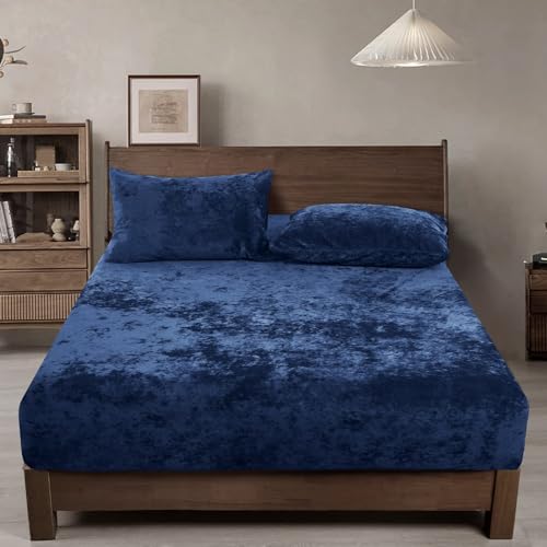 "PHF Truly Velvet Fitted Sheet Only King Size, Luxury Super Soft Cozy Comfy Fleece Bottom with 15"" Deep Pocket,Suitable for Fall Winter and Spring, No Pillowcases, Navy Blue"