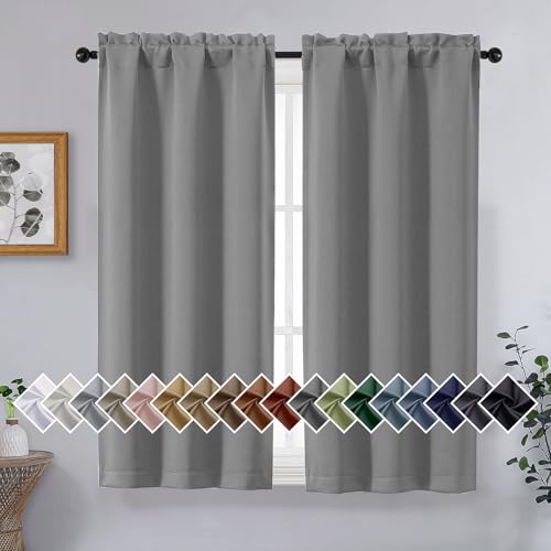 OVZME Grey Short Blackout Curtains for Bedroom 45 Inches Long 2 Panels Set, Solid Thermal Insulated Blackout Curtains, Energy Saving Soft Fabric Window Drapes, Dual Rod Pocket, 2x40Wx45L Inches
