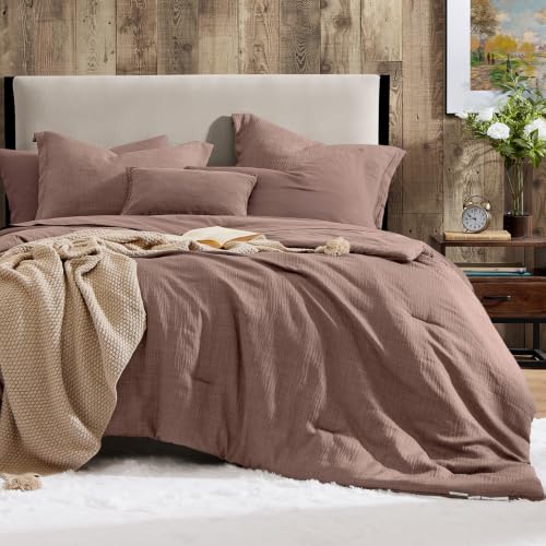 Geniospin Queen Comforter Set - 7 Pieces Comforter Queen Size, Soft Solid Bedding Set for All Season, Textured Bed in a Bag with Sheets, Pillowcases & Shams (Misty Rose, 90''x90'')