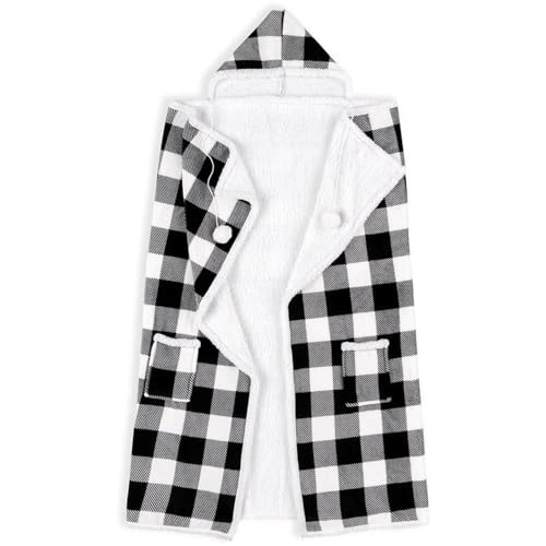 "Safdie Premium Wearable Hooded Adult Women and Men 71""x51""-Super Soft, Lightweight, Microplush, Cozy and Functional Throw Blanket (Buffalo Black), Polyester, Plaid White 71 X 51"