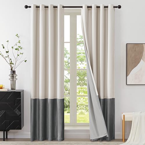 BULBUL 100% Full Blackout Velvet Curtains,84 inches Long Cream Ivory Grey Modern Liner Curtains Thermal Drapes Panels for Living Room Bedroom Grommet Set of 2