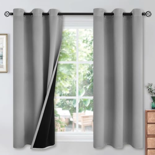 YoungsTex 100% Blackout Curtains Thermal Insulated Grommet Top Total Blackout Window Curtains for Bedroom with Black Back, 2 Panels, Light Grey, 42 x 45 Inch