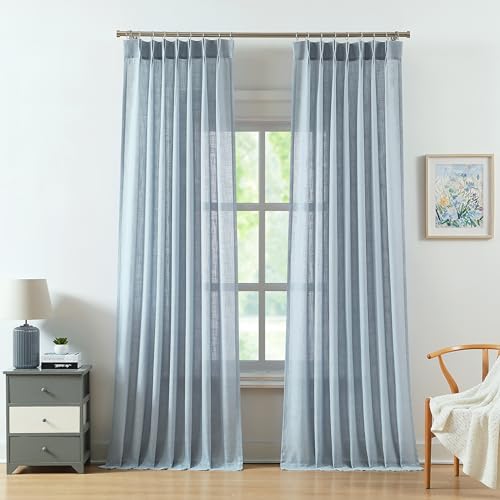 "WEST LAKE Dusty Blue Bailey Pinch Pleat Semi Sheer Curtains 112 Inches Long - French Pleat Bedroom Living Room Drapes for Bedroom Living Room,Modern Window Treatment,40""Wx112""L,Pack of 2"