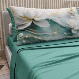 PETTI Artigiani Italiani - Cotton Sheets with Pillowcases in Digital Print, Double Maxi, Complete Top and Bottom Sheet with Corners, Floral 06 14 Teal, 100% Made in Italy
