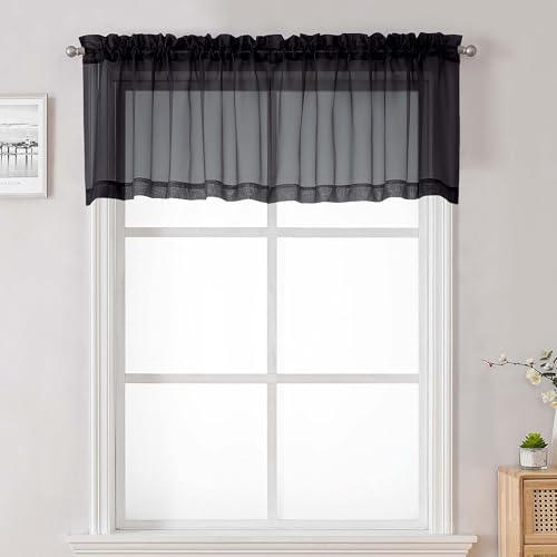 "Lecloud Black Sheer Valances for Windows 18 Inch Length 2 Pcs, Cafe Kitchen Curtains for Bedroom Living Room, Short Curtains for Small Windows with Dual Rod Pocket Home Decor, 42"" W x 18"" L"
