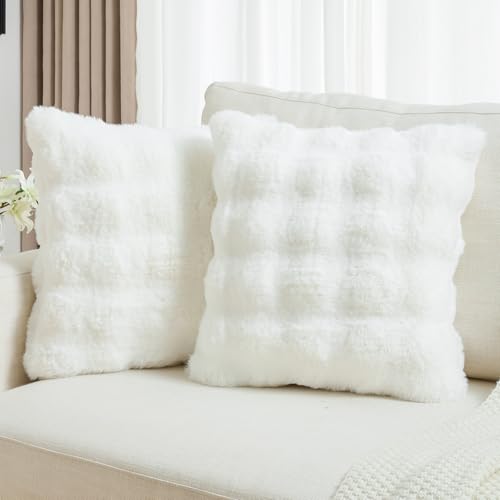 FUTEI Pack of 2 Faux Fur Throw Pillow Covers 20x20 Inch Soft Raised Textured Decorative Cushion Cases Modern Farmhouse Accent for Couch Bed Living Room, Cream White