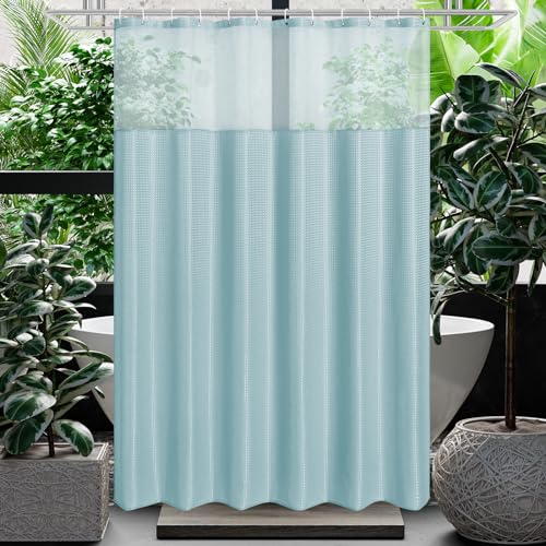 Gibelle Waffle Weave Shower Curtain with Mesh Top Window and Hooks Set, Spa Like Hotel Style Fabric Shower Curtain for Bathroom, Teal, 72x72