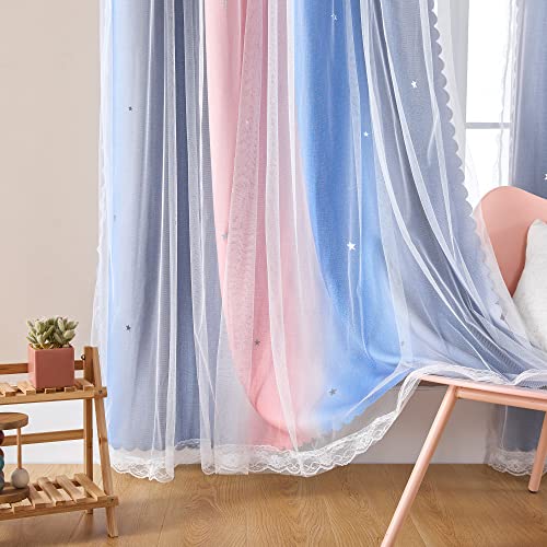 XiDi Curtains for Bedroom Decor, Rainbow PinkGreyBlue-34-90 - 34 x90 inch, Pink Grey Blue layered curtain, kids and girls bedroom decor, white sheer overlay,room darkening, grommet top