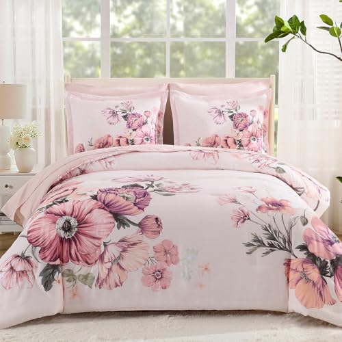 "LLDSYW Queen Comforter Set - 7 Pieces Bed in a Bag Pink Floral Queen Comforter Set with Sheets, Soft Microfiber Flower Complete Bedding Set for All Seasons???Pink,90""x90""???"