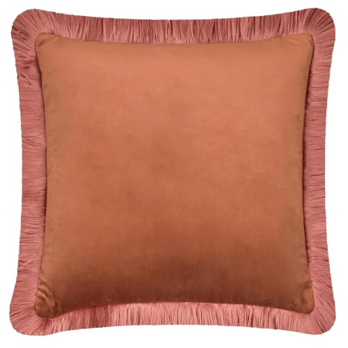 furn. Halo Fringed Velvet Cushion Cover (Chestnut - 50x50cm) - Soft Colour Block Contrasting Trim Luxury Decorative Case