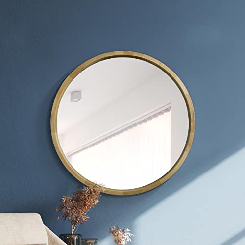 "MirrorOutlet The Naturalis - Solid Oak Round Circular Modern Wall Mirror 35"" X 35"" (90CM X 90CM) 48m deep and 24mm wide frame. Scandinavian Inspired!, Brown"