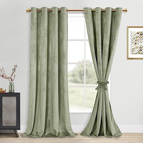 DWCN Light Sage Velvet Curtains 96 Inches Length - Tieable Super Soft Luxury Grommet Window Treatments Room Darkening Privacy Protect Drapes for Bedroom Living Room Home Decor, W52 x L96, 2 Panels