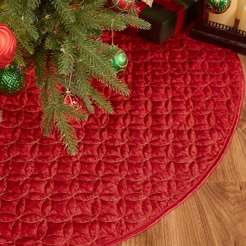 Valery Madelyn 48 inch Luxury Red Gold Plain Christmas Tree Skirt with Bow Tie, Themed with Christmas Ornaments Decorations (Not Included)