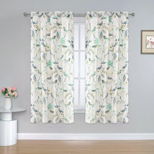 VOGOL Country Style Bird Print Curtains, Easy Care Linen Textured Drapes for Living Room, Light Filtering Window Treatments for Kitchen, 42 x 72 Inches, Green, 2 Panels