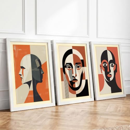 Geometric Faces Art Deco Set of 3 Framed Wall Art Prints A4 (29.7×21cm)
