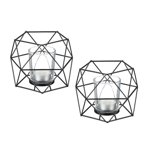 Relaxdays Tealight, Set of 2, Metal, Geometric Design, HxWxD: 10 x 13 x 12 cm, Holder, Candle Jar, Black, Iron