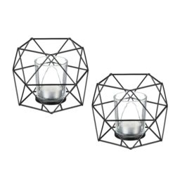 Relaxdays Tealight Holder, Set of 2, Metal, Geometric Design, HxWxD: 10 x 13 x 12 cm, Candle Holder, Candle Jar, Black