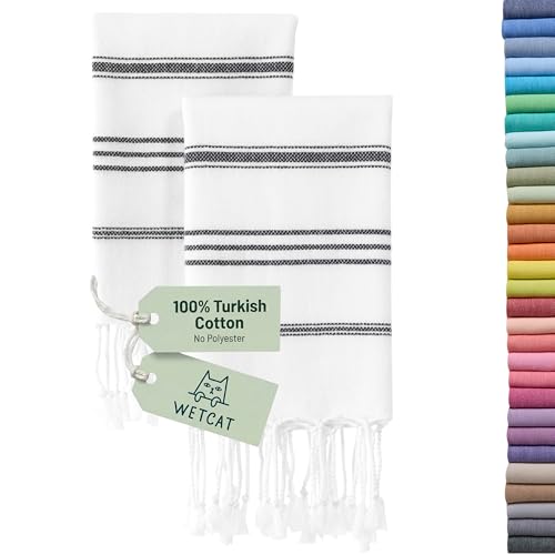 "WETCAT Turkish Hand Towels with Hanging Loop, Set of 2 (20"" x 30"") 100% Turkish Cotton, Pre-Washed, Quick Drying, for Kitchen or Bathroom - Black & White"