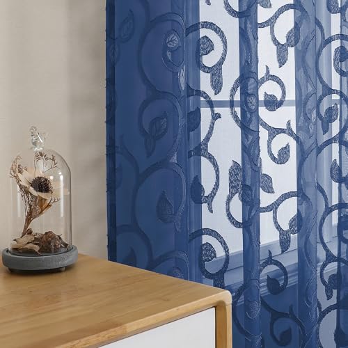 OWENIE Furman Blue Sheer Curtains 54 Inch Length 2 Panels Set for Living Room Bedroom Bathroom Window, Airy Jacquard Clip Short Curtains for Small Window, 2 Pcs Each 40Wx54L inch
