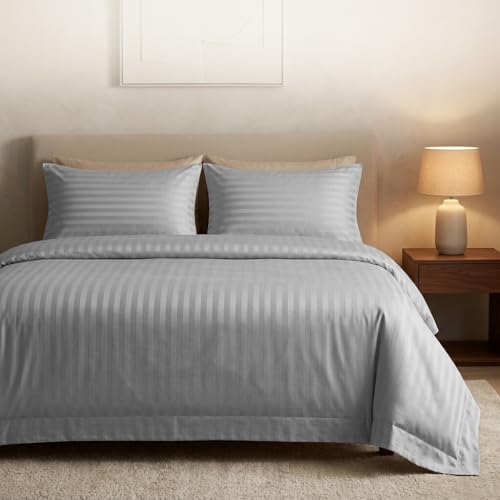 Casabella Satin Stripe Duvet Cover Sets -Luxurious King Silver Bedding with Satin Stripes, King size Duvet Cover Sets, Hotel Quality King Size Duvet & Pillowcases, Silver Duvet King Size