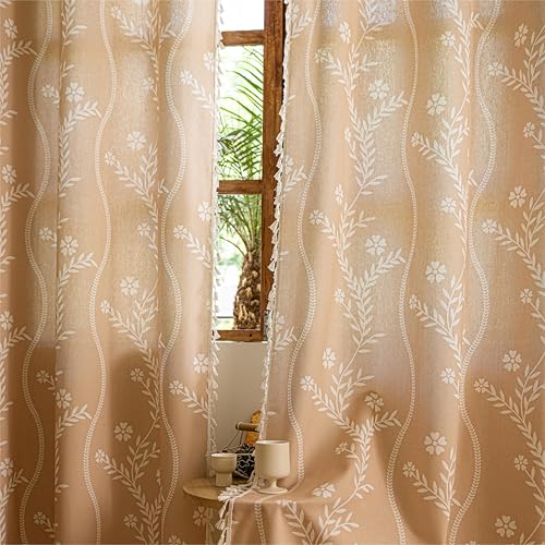 "Sutuo Home Beige Boho Curtains for Bedroom Living Room Dining Room 96 inches Long 2 Panels, Bohemian Print Floral Farmhouse Striped Linen Drape Vintage Chic Tassels Window Treatment 52"" W x 96"" L"