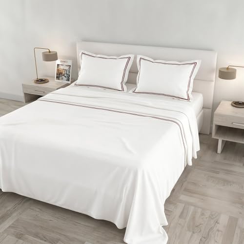 Venus Double Maxi Bed Set, 100% Cotton, Made in Italy – White Bedding Set, 2 Pillowcases with Ruffles, Double Bourdon, Top Sheet 260 x 300 cm, Bottom Sheet 180 x 200 cm – Burgundy