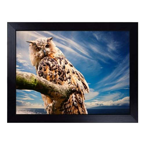 Lap Tray with Bean Bag Cushion, Owl On A Tree Branch - Handmade in the UK, Raised Wooden Edge, Padded Cushion, Heat-Resistant Wipe-Clean Surface, for Meals, Laptops and Crafts