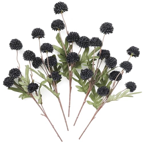 Floroom 5pcs Black Faux Silk Mums Artificial Flowers, Bulk Fake Small Mini Chrysanthemums with Stems for DIY Wedding Centerpieces Floral Arrangements Vase Fillers Home Decorations
