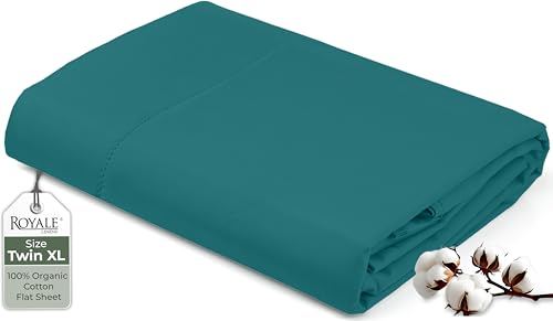 "Royale Linens 100% Organic Cotton Twin XL Flat Sheet Only - Super Soft - Percale Top Sheets - Twin XL Flat Sheet Sold Separately - Breathable, Cool & Crisp Sheets Only (66"" x 102"", Teal)"