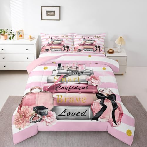 Erosebridal Fashion Pink Twin Bedding Sets for Girls Kids Girly Modern Inspirational Quotes Comforter Set Women Abstract Pink White Stripes Quilt Magazine Books Floral Perfume Makeup Duvet Insert