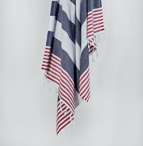 Beach Towel Made of 100% Cotton (Fouta), 100 x 180 cm - Absorbent, Soft and Washable - Red, Blue and White Stripes - Ideal for Beach and Pool